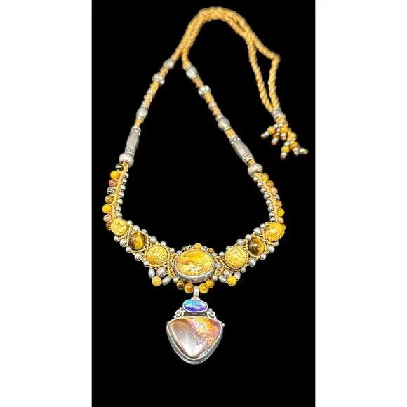 Vintage Southwestern Sterling Silver, Jasper, and Moonstone Necklace Ethnic - Picture 7 of 7